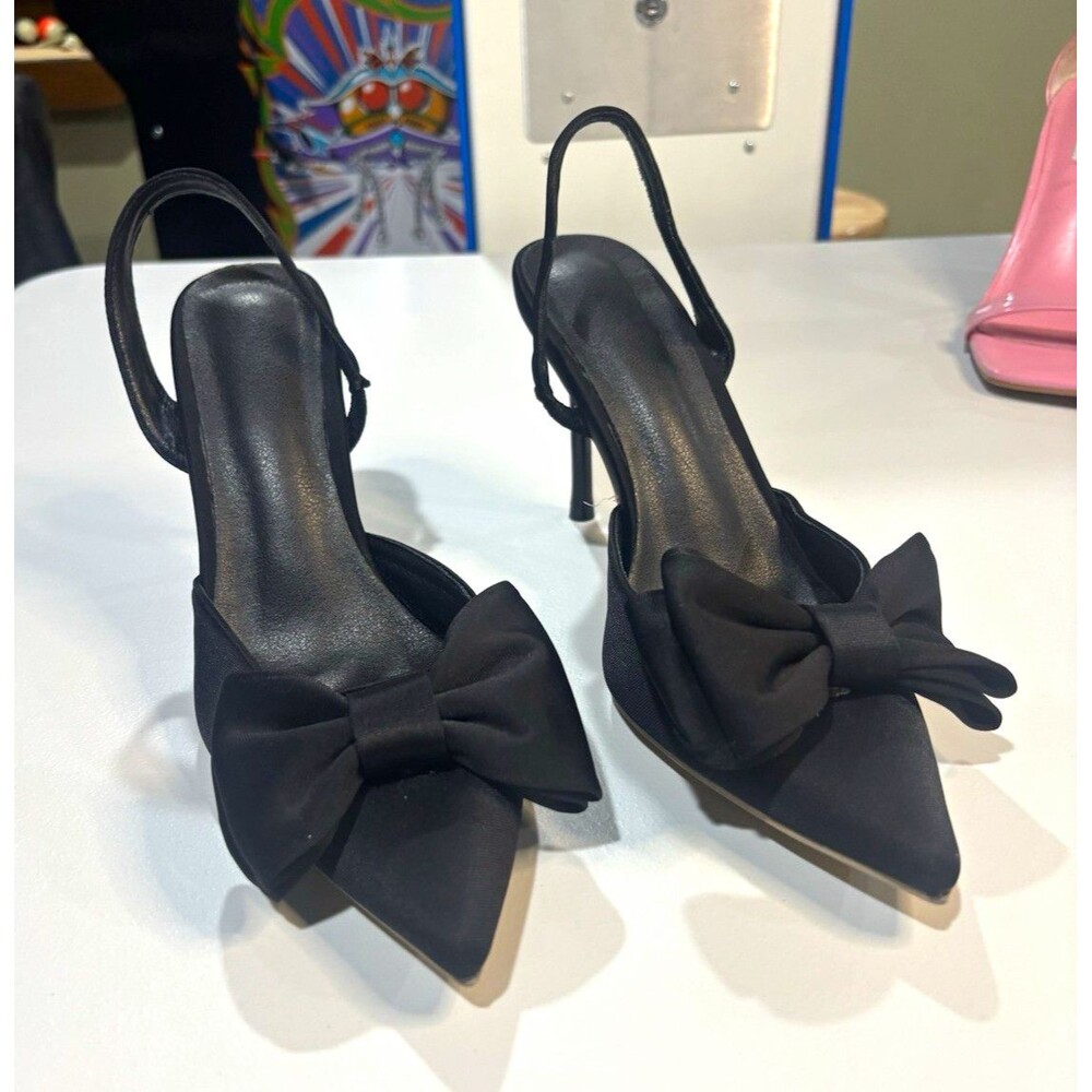 Women's Black Polyester Pointed Toe Bow Slingback Slip On Stiletto Heels 8